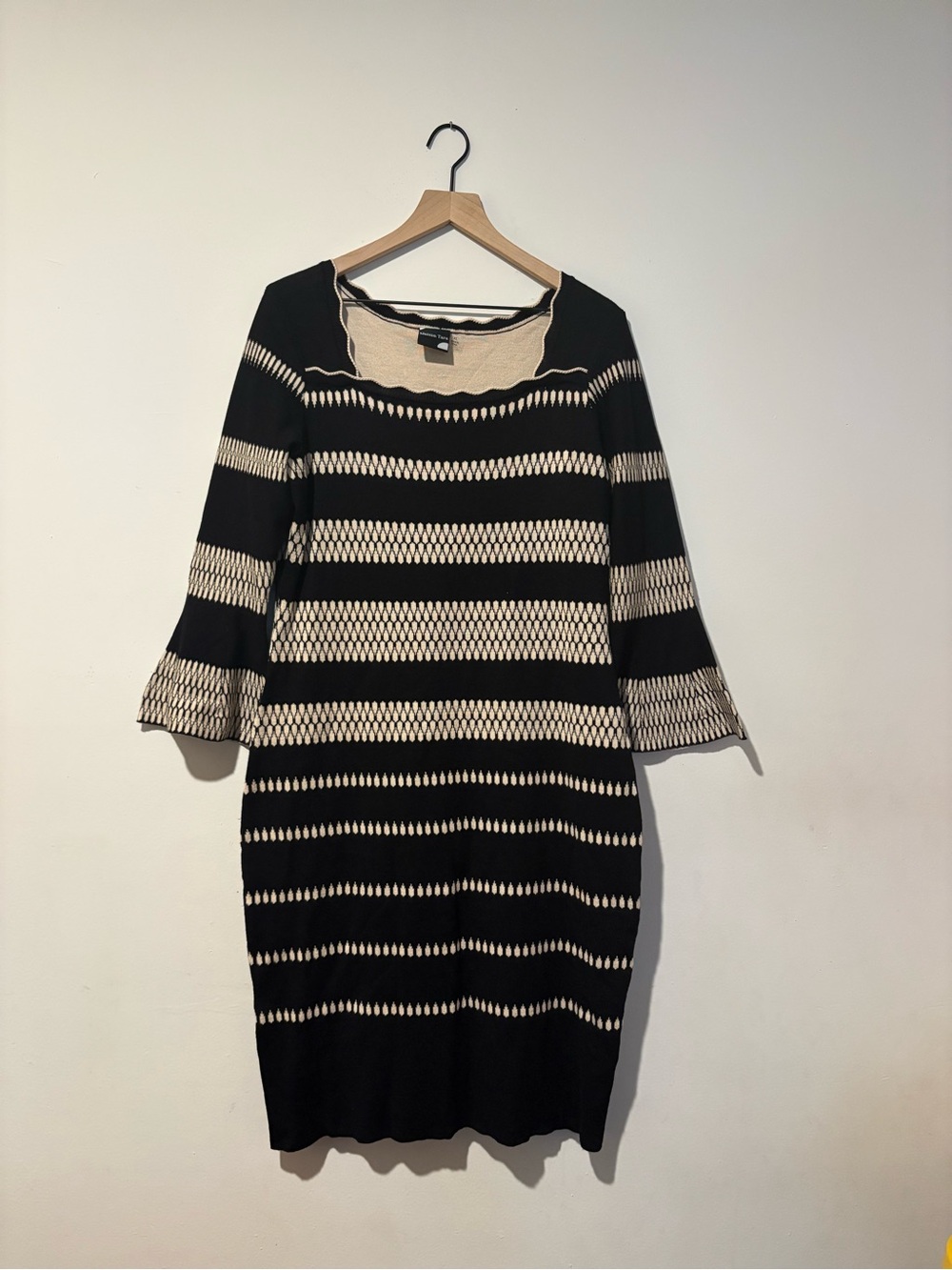 Maison Tara Black & Cream Striped Scoop-Neck Knit Dress with Flared Sleeves